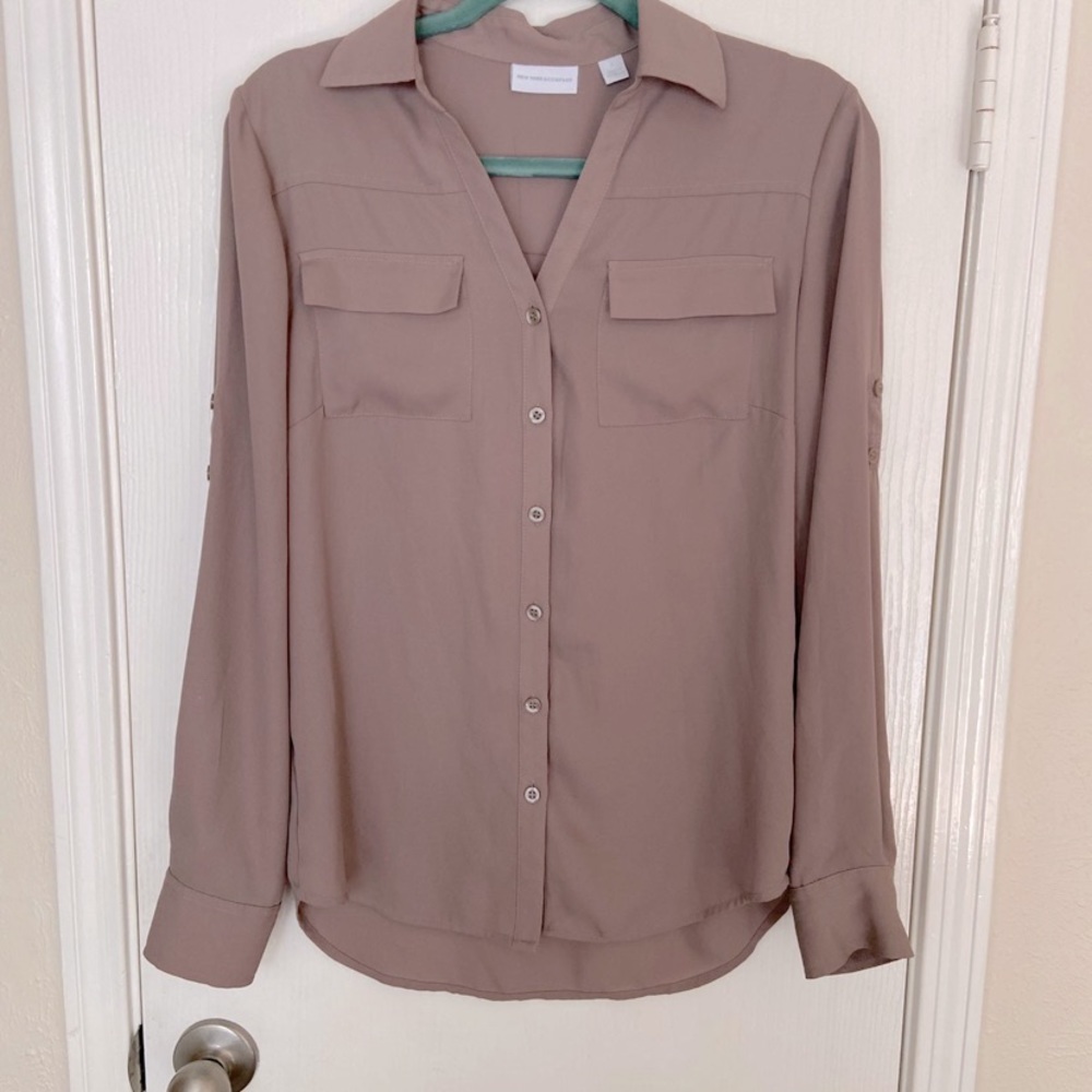 New York and Company Tan Long Sleeve Collared Button Up Dress Top